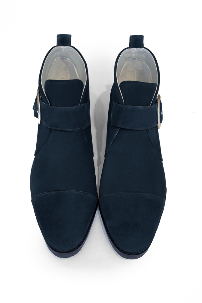 Navy blue women's ankle boots with buckles at the front. Round toe. Medium block heels. Top view - Florence KOOIJMAN